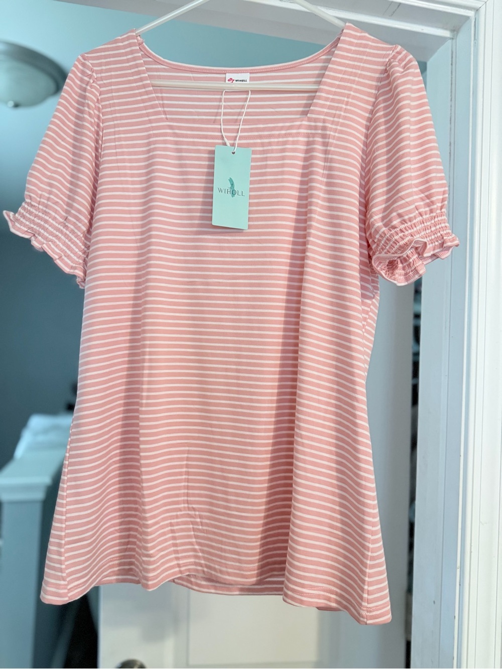 Pink Striped Short Sleeve Ruffle-Sleeve Women’s Top